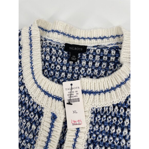 Talbots Womens XL Blue White Striped Fair Isle Eyelash Trim Cardigan Sweater - Picture 3 of 7